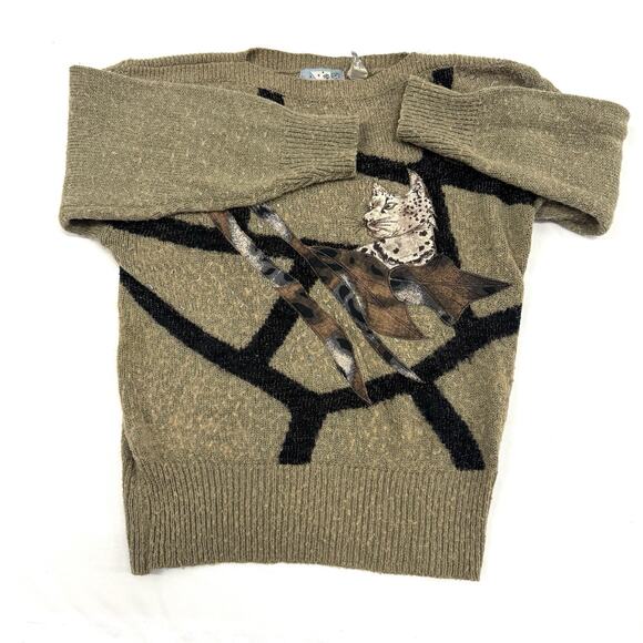 Vintage 80s Cat Sweater Size L Beaded Hollywood & Vine Art Deco Retro Animal - Picture 1 of 8